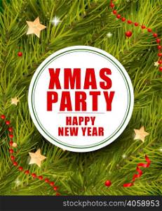 Xmas party and happy New Year lettering in round frame with fir sprigs and ornaments. Inscription can be used for postcards, festive design, posters, banners.