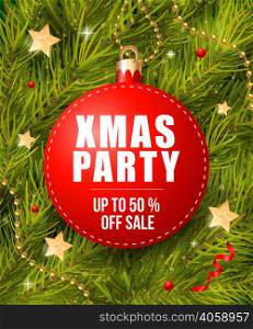 Xmas party and up to fifty percent sale lettering on bauble-shaped tag with fir sprigs. Inscription can be used for leaflets, festive design, posters, banners.
