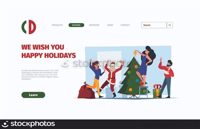 Xmas party landing. People celebration new year happy home dancers with gifts garish vector web page. Illustration of celebration xmas celebrate page illustration. Illustration of celebration xmas. Xmas party landing. People celebration new year happy home dancers with gifts garish vector web page template
