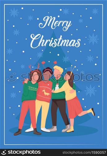 Xmas party with friends greeting card flat vector template. Celebrate winter holiday in group. Brochure, booklet one page concept design with cartoon characters. Merry Christmas flyer, leaflet. Xmas party with friends greeting card flat vector template