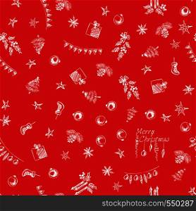 Xmas pattern. Christmas vector composition hand drawn in pencil seamless wrapping red background