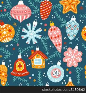 Xmas pattern. Gifts backgrounds with christmas decorative ornamental toys round balls and bells holiday textures recent vector seamless design for textile projects. Pattern decoration holiday. Xmas pattern. Gifts backgrounds with christmas decorative ornamental toys round balls and bells holiday textures recent vector seamless design for textile projects