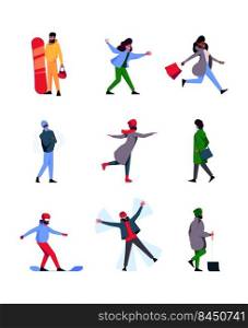 Xmas people. Wintertime cold season characters walking sliding action running happy celebration time garish vector xmas persons. Illustration of wintertime people in jacket and clothing. Xmas people. Wintertime cold season characters walking sliding action running happy celebration time garish vector xmas persons