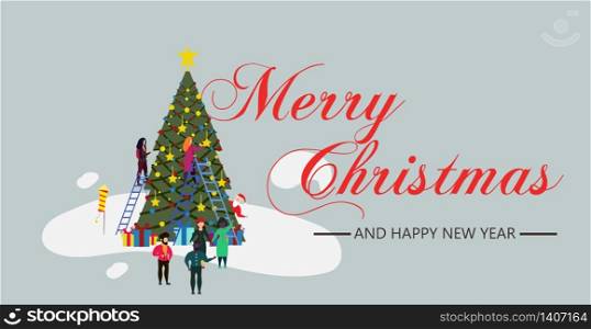 Xmas person people with tree and snow illustration New Year. Vector banner Happy Christmas card background with character and santa claus. Celebrate party friend group joy event. Winter holiday