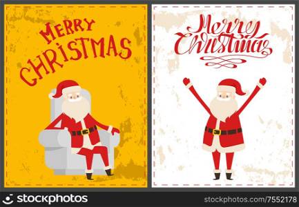 Xmas postcards, Santa Claus sitting on armchair and warm congratulations. Bearded old man Santa Claus wishes Merry Christmas and happy New Year holidays. Xmas Postcards, Santa Claus Sitting on Armchair