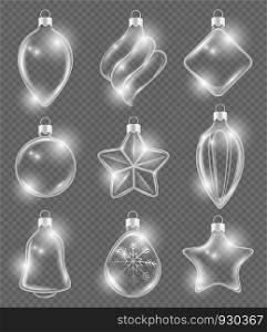 Xmas realistic balls. New year glass toys holiday transparent decoration ribbons ornament vector 3d pictures background. Glass ball glittering, realistic bell form toy for tree illustration. Xmas realistic balls. New year glass toys holiday transparent decoration ribbons ornament vector 3d pictures background