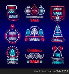 Xmas sales neon badges. New year advertising promotional logotype collection recent vector templates collection. New year and christmas badge. Xmas sales neon badges. New year advertising promotional logotype collection recent vector templates collection