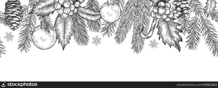 Xmas seamless green border. Horizontal banner with christmas tree branches garland, holly berries and toys, element for festive vector card. Engraved spruce twigs with candy cane and snowflake. Xmas seamless green border. Horizontal banner with christmas tree branches garland, holly berries and toys, element for festive vector card
