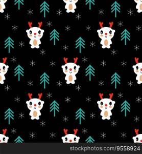 Xmas seamless pattern with deers and christmas trees. Happy New year print for tee, paper, textile and fabric. Kawaii vector illustration for decor and design.
