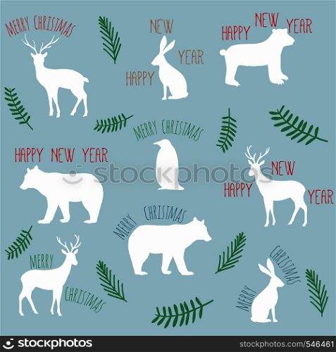Xmas slogans merry christmas happy new year with flat animals icons for cards