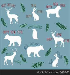 Xmas slogans merry christmas happy new year with flat animals icons for cards