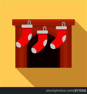 Xmas socks on fireplace icon. Flat illustration of xmas socks on fireplace vector icon for web design. Xmas socks on fireplace icon, flat style