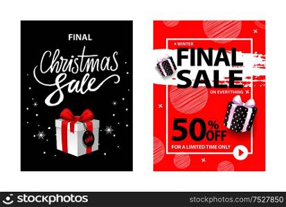 Xmas surprises on winter discounts season, vector. Totally final Christmas sale, wrapped Xmas box with price tag isolated on black with snowflakes.. Xmas Surprises on Winter Discounts Season, Vector