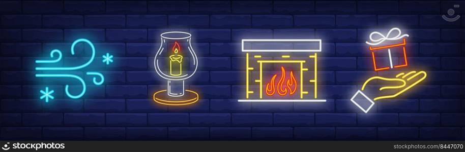Xmas symbol neon sign set. Frost, gift box, fireplace. Night bright advertisement. Vector illustration in neon style for banner, billboard