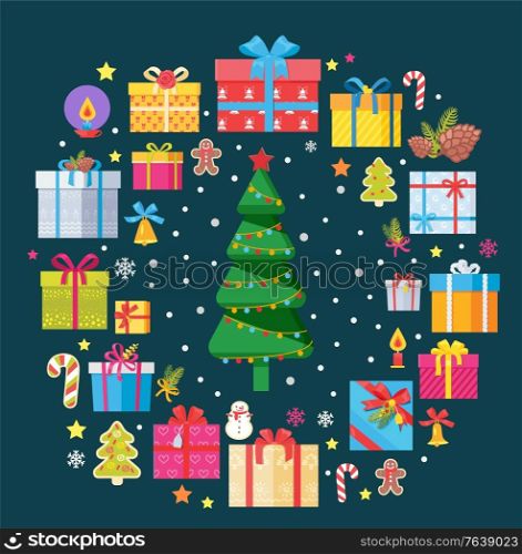 Xmas symbols and pine tree, icons of new year and winter holidays. Decorative spruce with garlands and star. Presents in boxes and cookies, candy and candle, bell with bow and gingerbread man vector. Christmas Tree and Presents with Symbols of Xmas