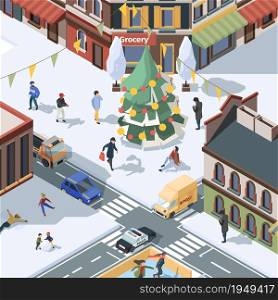 Xmas tree in city. Winter urban landscape with active people walking in snow preparing for holiday garish vector isometric. Christmas holiday, urban xmas tree in city illustration. Xmas tree in city. Winter urban landscape with active people walking in snow preparing for holiday garish vector isometric