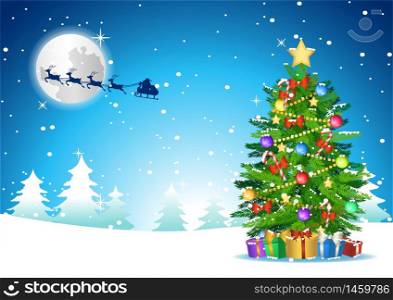 xmas tree stand in snow nearby gift which sent by santa claus that fly away on chistmas night,vector illustration