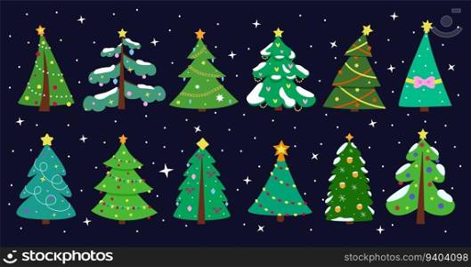 Xmas trees, cute ornament patterns. Holiday winter decorative elements collection, snow white lights. Forest snowy coniferous plants, christmas and new year. Vector elements design on night background. Xmas trees, cute ornament patterns. Holiday winter decorative elements, snow white lights. Forest snowy coniferous plants, christmas and new year. Vector elements design on night background