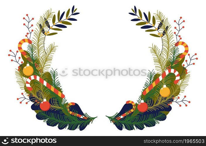Xmas wreath with bells and candy sticks, isolated traditional merry christmas decoration for doors with mistletoe and spruce. Winter holiday celebration and wintertime joy. Vector in flat style. Christmas wreath with pine branches and bells