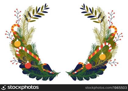 Xmas wreath with bells and candy sticks, isolated traditional merry christmas decoration for doors with mistletoe and spruce. Winter holiday celebration and wintertime joy. Vector in flat style. Christmas wreath with pine branches and bells