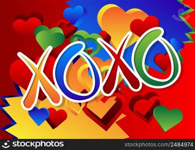 XOXO, abbreviation, Hugs and kisses, informal term used for expressing love. Word written with Children's font in cartoon style.