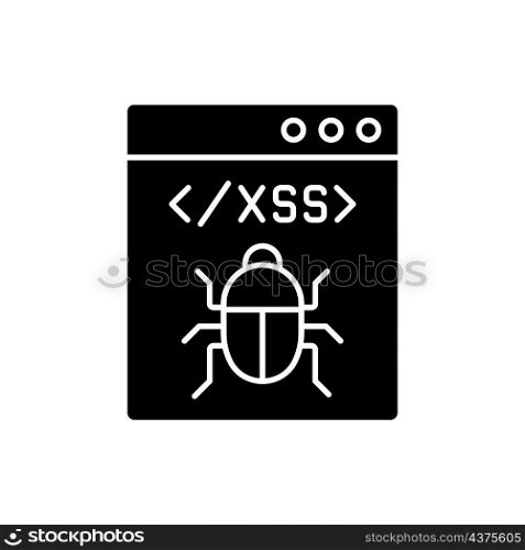 XSS attack black glyph icon. Cross site scripting. Software attack. Client side code injection. Malware computer damage. Silhouette symbol on white space. Vector isolated illustration. XSS attack black glyph icon