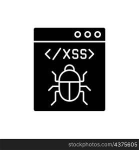 XSS attack black glyph icon. Cross site scripting. Software attack. Client side code injection. Malware computer damage. Silhouette symbol on white space. Vector isolated illustration. XSS attack black glyph icon