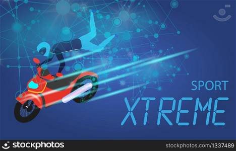 Xtreme Sport Banner. Biker Man in Suit and Helmet Riding Red Motocycle in Free Stile Doing Tricks and Jumps. Extreme Activity. Speed Race. Gradient Blue Background. Flat Vector Isometric Illustration.. Xtreme Sport Banner. Biker Doing Tricks and Jumps.