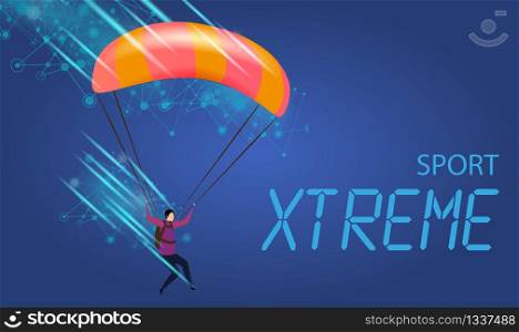 Xtreme Sport Banner. Young Man with Parachute in Sky. Extreme Exploring Activity. Parachuting. Skydiver in Air. Blue Gradient Background with Glowing Trace Pattern. Flat Vector Isometric Illustration.. Xtreme Sport Banner. Young Man with Parachute Fly