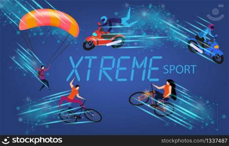 Xtreme Sport Banner. Young Men and Women Doing Extreme Sportish Activities. Skydiving, Motocross Racing, BMX Cycling on Blue Gradient Background. Active Lifestyle. Flat Vector Isometric Illustration. Men and Women Doing Xtreme Sport Extreme Activity