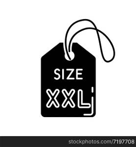 XXL size label black glyph icon. Garments parameters specification silhouette symbol on white space. Clothing tag with XXL letters for plus size or overweight people. Vector isolated illustration