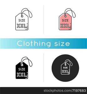 XXL size label icon. Linear black and RGB color styles. Garments parameters specification. Clothing tag with XXL letters for plus size or overweight people. Isolated vector illustrations
