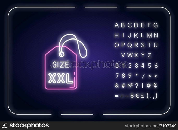 XXL size label neon light icon. Outer glowing effect. Garments parameters specification sign with alphabet, numbers and symbols. Tag with XXL letters. Vector isolated RGB color illustration