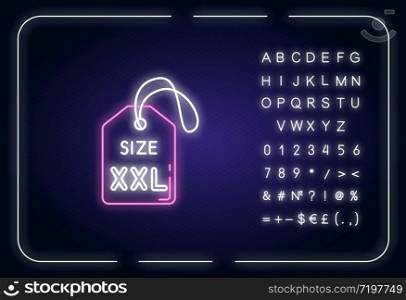 XXL size label neon light icon. Outer glowing effect. Garments parameters specification sign with alphabet, numbers and symbols. Tag with XXL letters. Vector isolated RGB color illustration