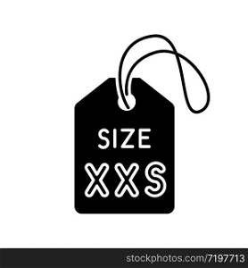 XXS size label black glyph icon. Kids garments parameters description silhouette symbol on white space. Extra small size informational tag for little children clothing. Vector isolated illustration