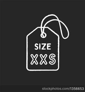 XXS size label chalk white icon on black background. Kids garments parameters description. Extra small size informational tag for little children clothing. Isolated vector chalkboard illustration