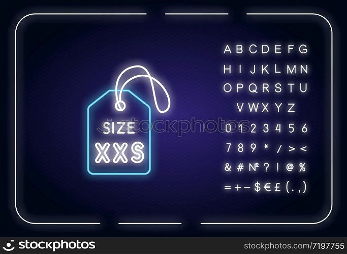 XXS size label neon light icon. Outer glowing effect. Kids garments parameters description sign with alphabet, numbers and symbols. Extra small size tag. Vector isolated RGB color illustration
