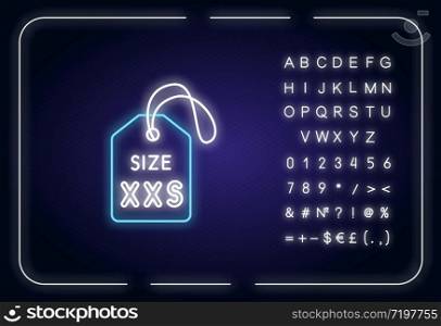 XXS size label neon light icon. Outer glowing effect. Kids garments parameters description sign with alphabet, numbers and symbols. Extra small size tag. Vector isolated RGB color illustration
