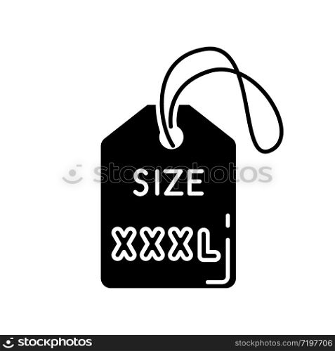 XXXL size label black glyph icon. Clothing parameters description silhouette symbol on white space. Info tag for apparel. Extra large garments for plus size people. Vector isolated illustration