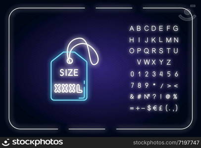 XXXL size label neon light icon. Outer glowing effect. Clothing parameters description sign with alphabet, numbers and symbols. Info tag for apparel. Vector isolated RGB color illustration