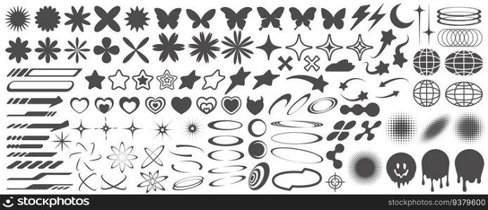 Y2k icons. Retro graphic elements for design. Modern rave symbols. Abstract geometric stars sparkles and futuristic shapes. Vector set of hearts, flowers and planets stickers. Y2k icons. Retro graphic elements for design. Modern rave symbols. Abstract geometric stars sparkles and futuristic shapes. Vector set of hearts, flowers and planets stickers.