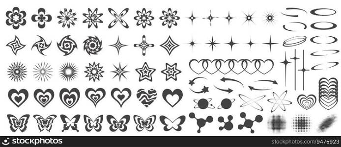 Y2k icons. Retro graphic elements for design. Modern rave symbols. Abstract geometric stars sparkles and futuristic shapes. Vector set of hearts, butterflies and planets stickers. Y2k icons. Retro graphic elements for design. Modern rave symbols. Abstract geometric stars sparkles and futuristic shapes. Vector set of hearts, butterflies and planets stickers.