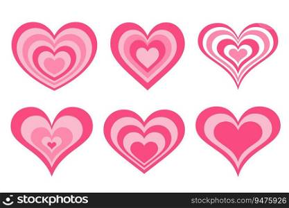 Y2k pink hearts. Groovy girly retro shapes. Aesthetic trendy design elements. Set of Valentine abstract stickers. Vector collection.. Y2k pink hearts. Groovy girly retro shapes. Aesthetic trendy design elements. Set of Valentine abstract stickers. Vector collection
