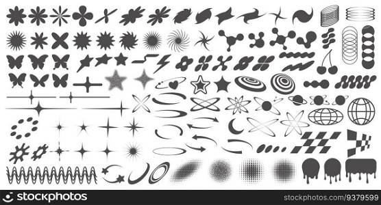 y2k retro elements. Abstract shapes and symbols for futuristic design. Geometric groovy icons. Vector vintage set on white background.. y2k retro elements. Abstract shapes and symbols for futuristic design. Geometric groovy icons. Vector vintage set on white background