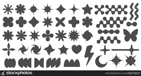 Y2k stars icons. Retro graphic elements for design. Modern rave symbols. Abstract geometric stars sparkles and futuristic twinkle shapes. Vector set of stickers on white background.. Y2k stars icons. Retro graphic elements for design. Modern rave symbols. Abstract geometric stars sparkles and futuristic twinkle shapes. Vector set of stickers on white background