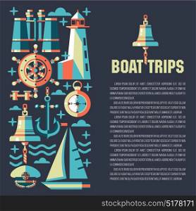 Yacht club. Vector illustration with place for text. Pattern on the theme of sea travel on a dark background.