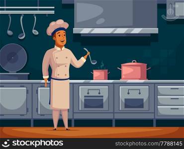 Yacht cruise ship crew cook cartoon character in galley kitchen preparing food poster abstract retro vector illustration. Ship Cook Cartoon Character Banner