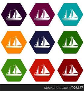 Yacht icon set many color hexahedron isolated on white vector illustration. Yacht icon set color hexahedron