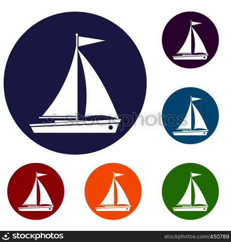 Yacht icons set in flat circle reb, blue and green color for web. Yacht icons set