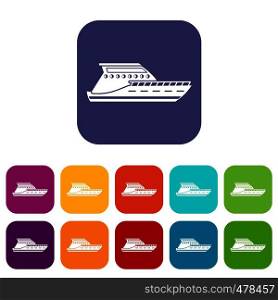 Yacht icons set vector illustration in flat style in colors red, blue, green, and other. Yacht icons set